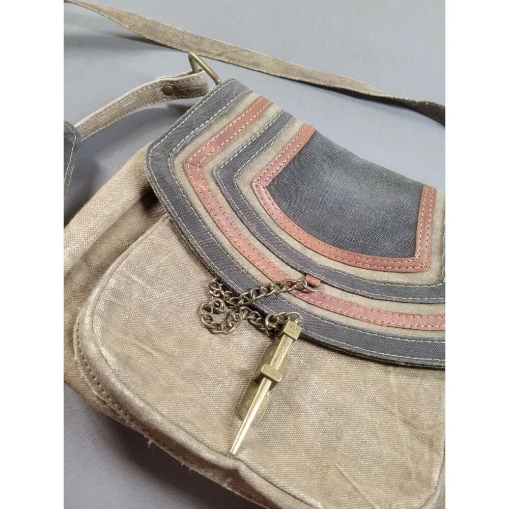 Mona B Recycled Upcycled Canvas Key Lock Flap Crossbody Bag Tan Boho